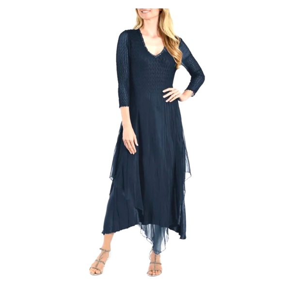 Komarov beaded V-neck 3/4 sleeve ruffled tiered dress in Navy size Small… - Picture 1 of 6